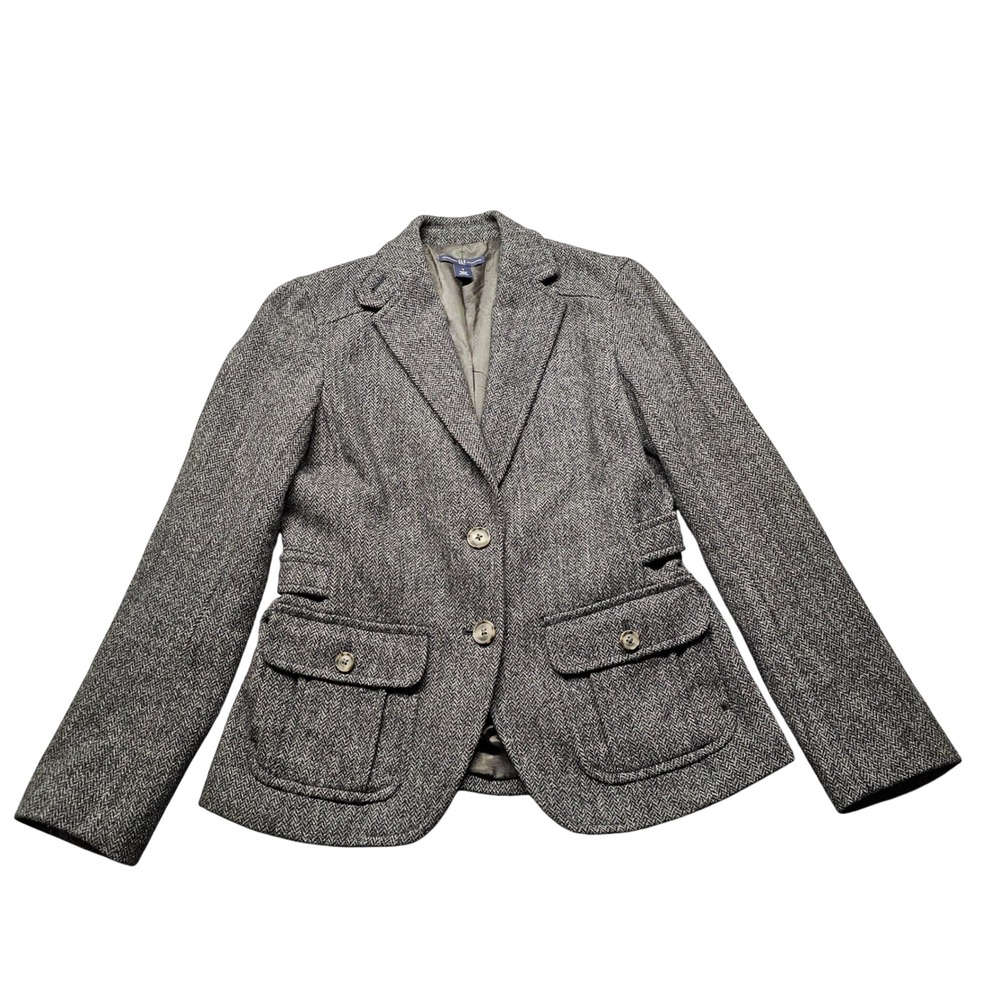 Gap Herringbone Blazer Jacket Womens 4 Grey Black Wool Blend Two Button Classic